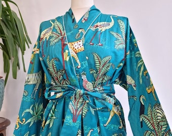 Pure Cotton Indian Block printed House Robe Summer Kimono | Floral Beach Coverup/Comfy Maternity Mom | Spring Turquoise Safari Animal Print