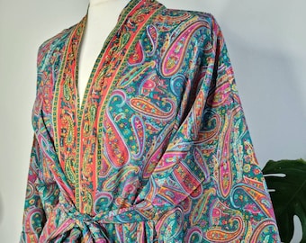 New Silky Sari Boho Kimono Regal House Robe Luxury Lounge Flowy Gown | Paisley Floral Duster Coverup | Queen Ocean Green Aqua Turquoise Pink