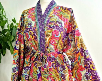 New Silky Sari Boho Kimono Regal House Robe - Luxury Lounge Digital Flowy Gown | Oriental Persian Queen Pink Purple Yellow Paisley Duster