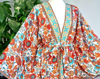 New Silky Sari Boho Kimono Regal House Robe - Luxury Lounge Digital Print Flowy Gown | Royal Spring Bloom White Orange Aqua Floral Duster