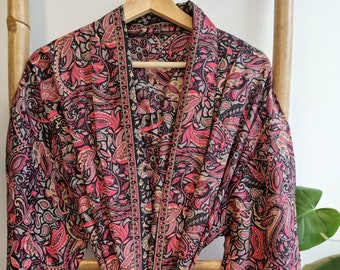 Men's Silk Boho Kimonos Man House Beach Artist Robe- Digital Black Pink Regal Paisley Desire Garden King