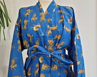Pure Cotton Indian Block printed House Robe Summer Kimono | Beach Coverup/Comfy Maternity Mom | Royal Blue Cheetah Leopard Animal Print
