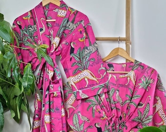 Pure Cotton Indian Block printed House Robe Kaftan Kimono | Quirky Beach Coverup/Comfy Maternity Mom | Happy Hot Pink Safari Animal Print