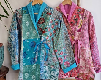 Kantha Reversible Short Length Boho Spring Bolero Bohemian Artist Unisex Front Tie Open Jacket Turquoise Pink Hue Quirky Festival Patchwork
