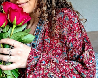 Vintage Silk Sari Boho Kimono | Luxury Loungewear House Robe Flowy Gown, Regal Floral Romance Duster Beach CoverUp, Bridesmaid Dressing Gown main image 1