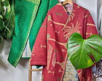 Vintage Fine Kantha Reversible All Season Boho Melange Artist Elegant | Palm Rich Red Beige | Floral Unisex Front Open Waterfall Coat Jacket