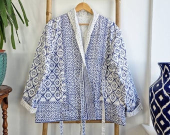 Kantha Reversible Short Length Spring Bolero All Season Bohemian Melange Artist Front Tie Open Jacket | White Blue Diamond Petal Check