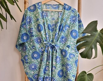 Pure Cotton Kaftan Indian Block printed Summer Kimono Floral Beach Coverup/Comfy Maternity Summer Ocean Aqua Green Soft Blue Floral Joy