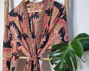 Men's Silk Boho Kimonos Man House Beach Artist Robe - Black  Palm Persian Tropical Pink Romance Trees