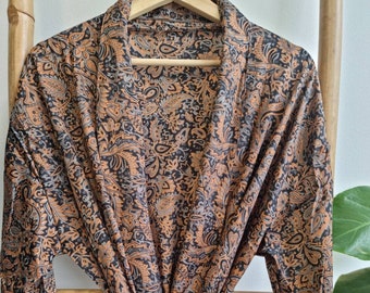 Men's Silk Boho Kimonos Man House Beach Artist Robe Sunset to Night Muted Orange Black Subtle Urban Oriental Trotter