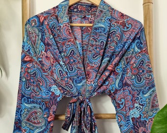 Men's Silk Boho Kimonos Man House Beach Artist Robe | Paisley Blue Purple Romance King Multicolour Tribal Bohemian Kingdom Valentine Gift |