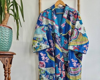 Kantha Cotton Reversible Kimono Mid Knee Length Jacket Unisex Robe Handmade | Blue Bohemia Tropical Burst Paradise | Christmas Quirky Vibe