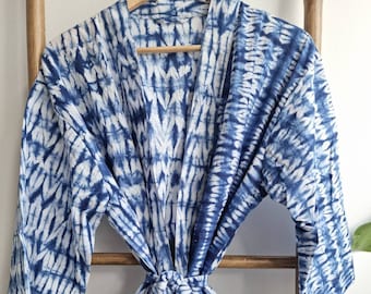 Men’s Cotton Handprinted House Robe Kimono - Regal Indigo Blue White Zebra Stripes