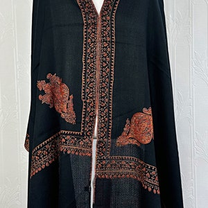 Pure Wool Hand Embroidery Pashmina Scarf Stole | Handmade Gifts |  Wool Scarves | All Season Floral Kashmir Wrap | Black Rust Paisley Dream