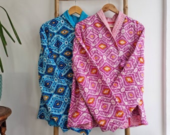 Kantha Reversible Short Length Spring Bolero Bohemian Melange Artist Unisex Front Tie Open Jacket Turquoise Navy Pink Ikat Quirky Festival