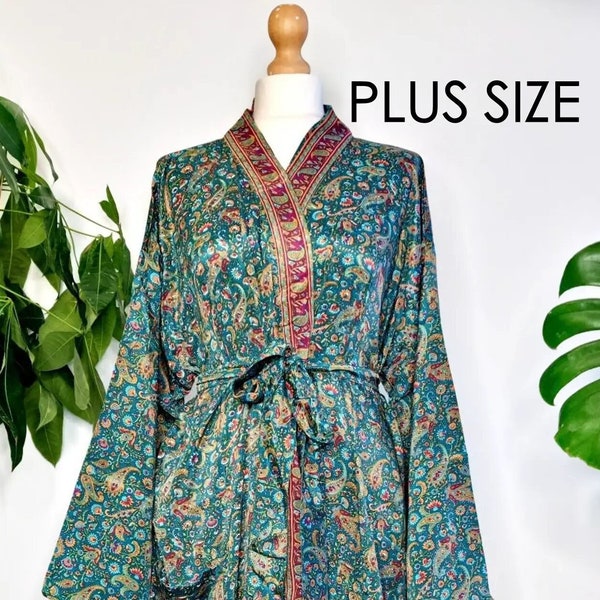 Plus Size New Silky Sari Boho Kimono Regal House Robe - Luxury Lounge Digital Flowy Gown | Green Red Paisley |Floral Duster Beach Coverup