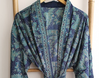 Men's Silk Boho Kimonos Man House Beach Artist Robe- Navy Paisley Regal Romance