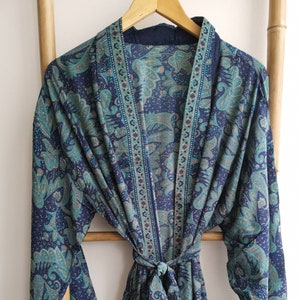 Men's Silk Boho Kimonos Man House Beach Artist Robe- Navy Paisley Regal Romance