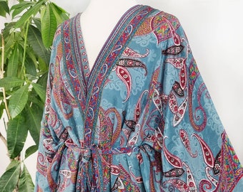 New Silky Sari Boho Kimono Regal House Robe - Luxury Lounge Digital Print Flowy Gown | Royal Pastel Steel Grey Blue Paisley Duster Coverup