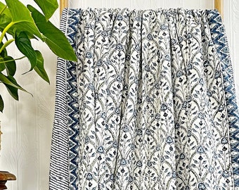 Kantha Stitch Pure Cotton Reversible Bed/Sofa Throw King Size | Handmade HandPrinted Country Dohar | Elegant White Grey Blue Wave Diamond