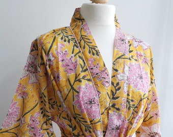 Pure Cotton Handprinted House Robe Summer Kimono | Floral Beach Coverup/Comfy Maternity Mom | Summer Yellow Pink Gardenia Botanical