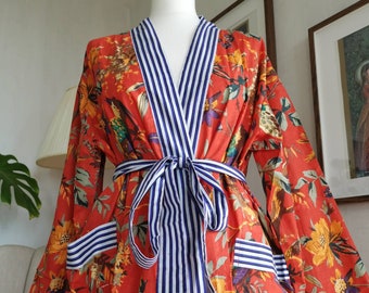Pure Cotton Handprinted House Robe Tropical Kimono - Candy Orange Birds of Paradise Beach Coverup/Comfy Maternity