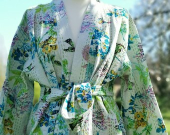 Kantha Cotton Long Reversible Kimono Jacket Unisex Robe Handmade Sustainable Eco-fashion  White Summer Bird of Joy