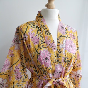 Pure Cotton Handprinted House Robe Summer Kimono | Floral Beach Coverup/Comfy Maternity Mom | Summer Yellow Pink Gardenia Botanical