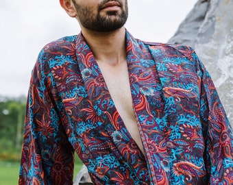 Men's Silk Boho Kimonos Man House Beach Artist Robe- Digital Ocean Fire Regal Teal Blue Maroon Orange Paisley King