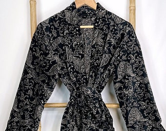 Luxury Velvet House Robe Unisex Kimono Boho Jacket Reversible Art Silk Lined Winter Gift | Royal Regal Black Gold Ornate Baroque Paisley