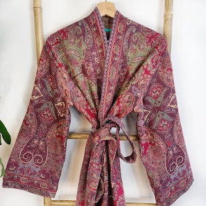 Luxury Pure Merino Boiled Wool Unisex Paisley Floral Kimono Jacket Robe | Persian Oriental Plum Purple Red Beige | Cosy Lover Warm Gift