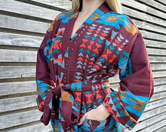 Unisex Yak Wool Blend Geometric Kimono/Robe – Regal Brick Deep Maroon Turquoise Mustard Urban Diamond Aztec Print Warm Hygge Christmas