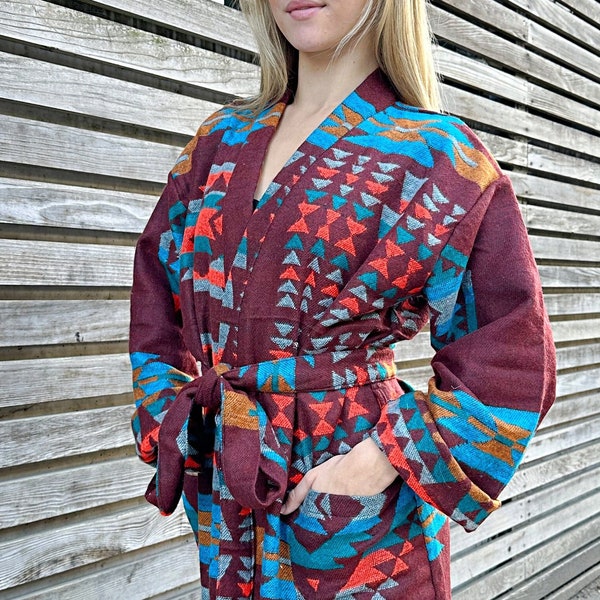 Unisex Yak Wool Blend Geometric Kimono/Robe – Regal Brick Deep Maroon Turquoise Mustard Urban Diamond Aztec Print Warm Hygge Christmas