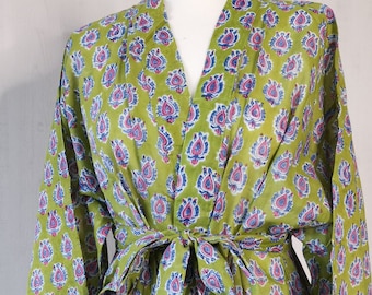 Reine Baumwolle Handprinted Kimono Knielange Haus Robe Strand Vertuschung / Bequeme Mutterschaft - Hellgrünes Mini Motiv