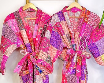 Quilted Unisex Silk Cotton Reversible Long Length Autumn Winter Dressing Robe Boho Handprint Indian Paisley Floral Pink Lover Happy Bloom