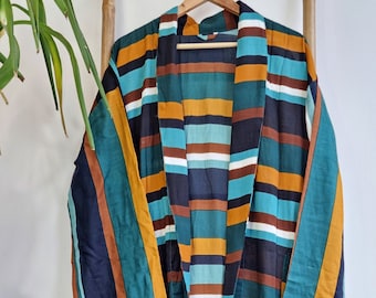 Men’s Cotton Rayon Block print House Robe Kimono - Navy Stripe Blue Aqua Mustard White Geometric | Beach Garden Lounge Easy Comfy Wear