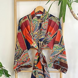 Men’s Cotton Handprint House Robe Kimono | Quirky Christmas Summer Gift | Man Urban Father Husband Lover Spa Festival | Orange Navy Paisley