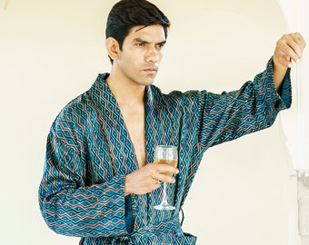 Men's Silk Mashru Ajrakh Handprinted Boho Kimonos | Man House Beach Artist Robe | Denim Blue Chevron Wave Geometric Persian Motif |