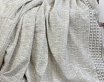 Kantha Stitch Pure Cotton Reversible Bed/Sofa Throw King Size | Handmade HandPrinted Country Dohar | Elegant White Grey Japanese Cloud Wave