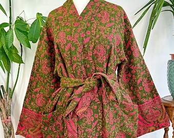 Paisley Unisex Yak Wool Blend Floral Kimono/Robe | Regal Rich Bright Emerald Green Pink | Cosy Christmas Winter Gift