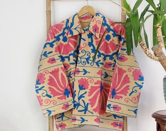 Suzani Hand Embroidered Unisex Bolero Short Jacket Spring Boho Uzbek Kashmir Crewel Special Love Gift | Quirky Pink Beige Blue