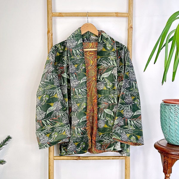 Luxury Velvet Boho Quirky Floral Layer Dinner Chic Coat Bomber Jacket Bolero Autumn Winter Christmas Gift | Elegant Moss Forest Green Leaves