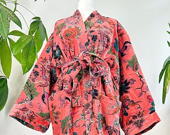 Luxury Velvet House Robe Unisex Kimono Boho Jacket Reversible Indian Silk Lined Winter Gift Quirky Candy Bloom Crush Pink Valentine Romance