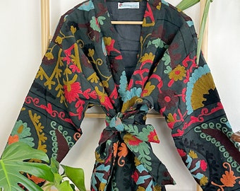 Suzani Hand Embroidered Short Jacket | Autumn Winter Boho  | Christmas Special Gift | Classic Matt Black Mustard Blue Red