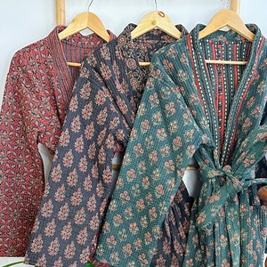 Quilted Unisex Pure Cotton Reversible Long Autumn Winter Dressing Kimono Robe | Classic Emerald Red Mughal Motif Stripe Christmas Love Gift