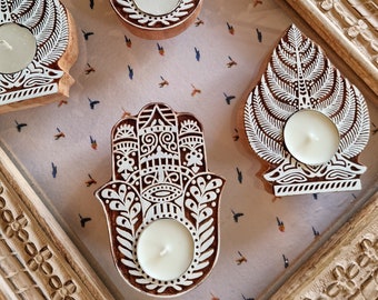 Portavelas de madera tallado a mano / Idea de regalo de Navidad / Hogar y regalo / Mano de Hamsa turca / Árbol