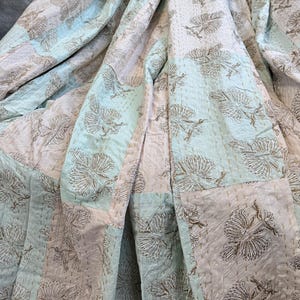 Kantha Stitch Pure Cotton Reversible Bed/Sofa Throw King Size | Tropical Floral Dohar | Indian Blankets Pasel Aqua Peach Dreamy Patchwork