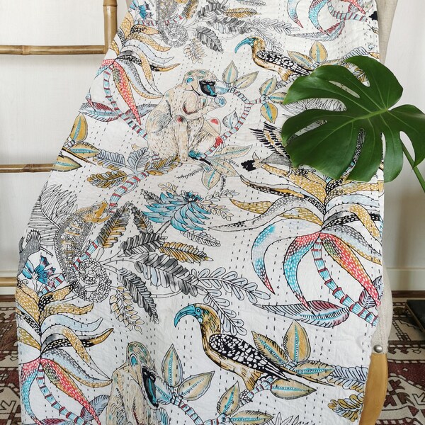 Kantha Stitch Pure Cotton Reversible Bed/Sofa Throw King Size | Tropical Animal Bird HandPrinted Dohar | Indian Blankets -White Paradise