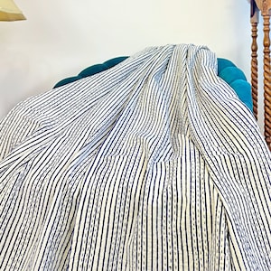 Kantha Stitch Pure Cotton Reversible Bed/Sofa Throw King Size | Geometric Hand-print Dohar | Artisanal Indian Blankets Blue White Stripes