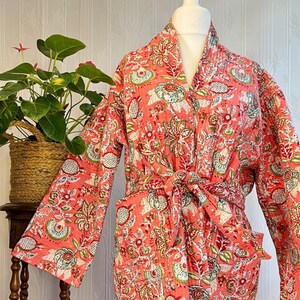 Quilted Unisex Pure Cotton Reversible Long Length Autumn Winter Dressing Kimono Robe Boho Indian Crush Orange Muted Grey Pink Floral Dream